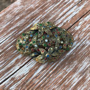 Art Deco Filigree Brooch Vtg Art Deco Multi Color gold toned & faux stones